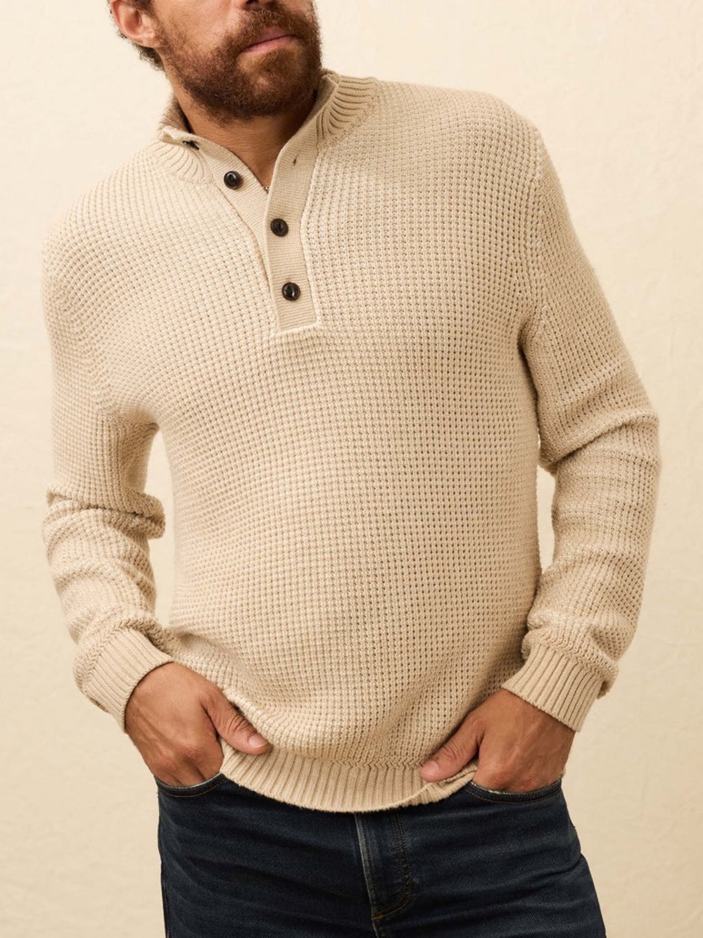 NWT Faherty Cashmere Organic Cotton Oatmeal Quarter Button Sweater Alpine Khaki